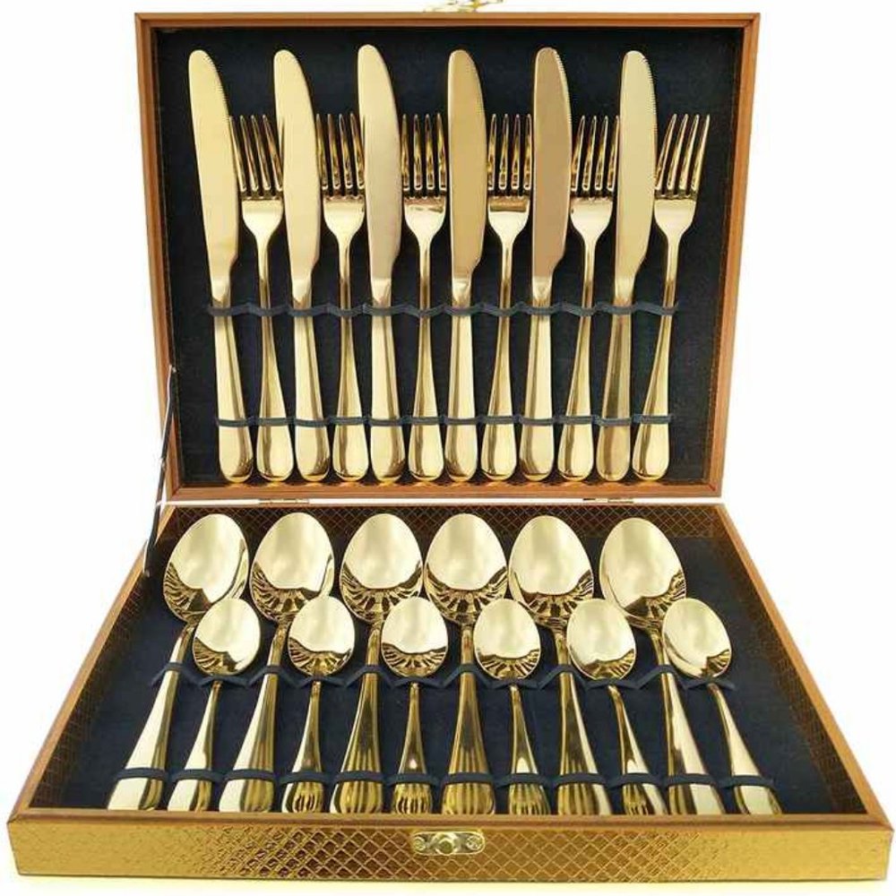 Perfect Holiday Gift 24-Piece Gold Forged Stainless Steel Flatware Set, Service